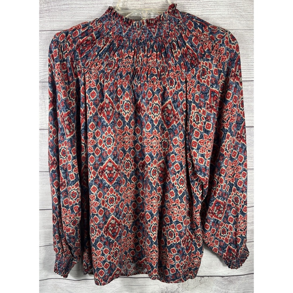 Beachlunchlounge Boho Smocked Neck Blouse Small Red Blue Tribal